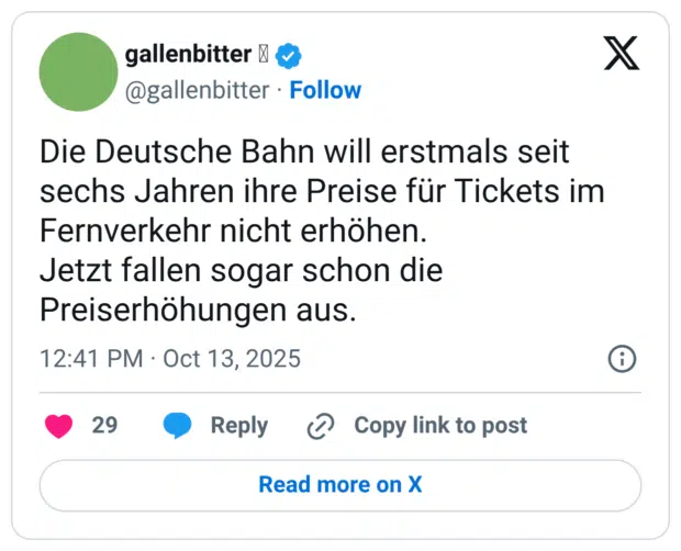 Die Deutsche Bahn will erstmals seit sechs Jahren ihre Preise für Tickets im Fernverkehr nicht erhöhen. Jetzt fallen sogar schon die Preiserhöhungen aus.