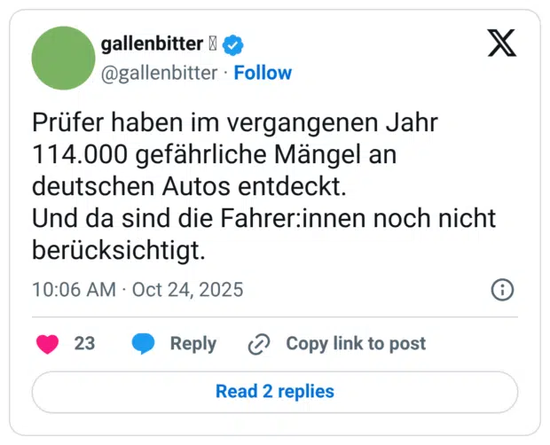 Prüfer haben im vergangenen Jahr 114.000 gefährliche Mängel an deutschen Autos entdeckt. Und da sind die Fahrer:innen noch nicht berücksichtigt.