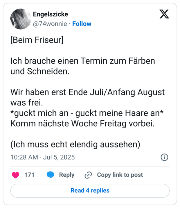 [Beim Friseur] Ich brauche einen Termin zum Färben und Schneiden. Wir haben erst Ende Juli/Anfang August was frei. *guckt mich an - guckt meine Haare an* Komm nächste Woche Freitag vorbei. (Ich muss echt elendig aussehen)