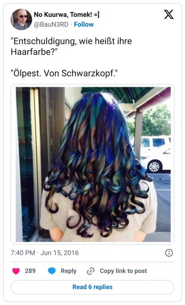 "Entschuldigung, wie heißt ihre Haarfarbe?" "Ölpest. Von Schwarzkopf."