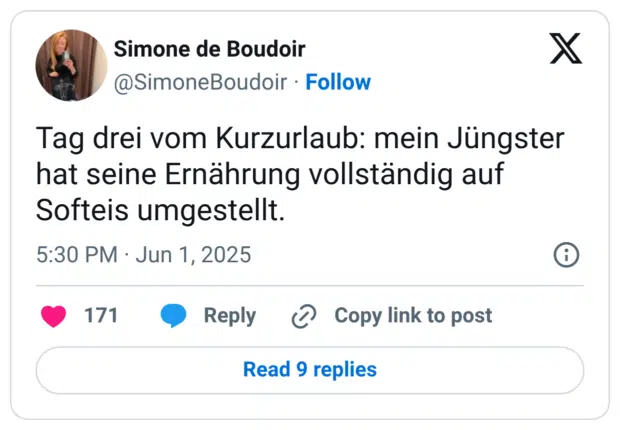 Tag drei vom Kurzurlaub: mein Jüngster hat seine Ernährung vollständig auf Softeis umgestellt.
