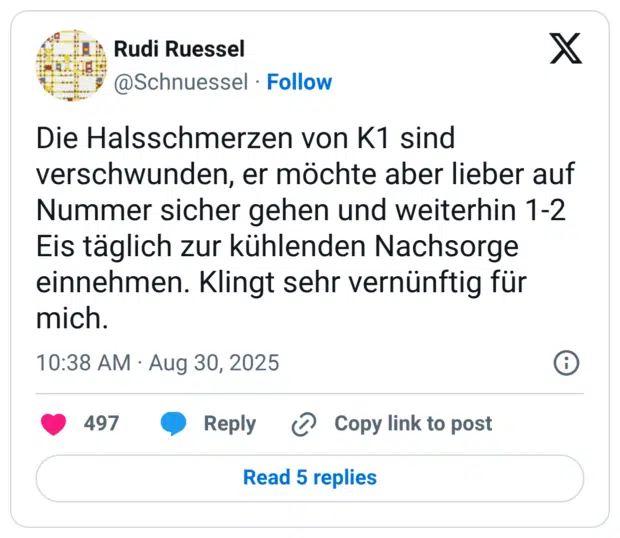 Die Halsschmerzen von K1 sind verschwunden, er möchte aber lieber auf Nummer sicher gehen und weiterhin 1-2 Eis täglich zur kühlenden Nachsorge einnehmen. Klingt sehr vernünftig für mich.