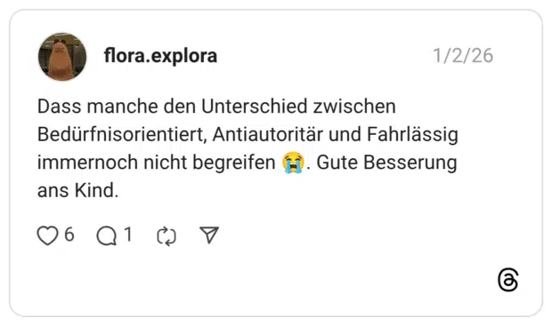Dass manche den Unterschied zwischen Bedürfnisorientiert, Antiautoritär und Fahrlässig immernoch nicht begreifen (-). Gute Besserung ans Kind