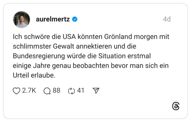 Ich schwöre die USA könnten Grönland morgen mit schlimmster Gewalt annektieren und die Bundesregierung würde die Situation erstmal einige Jahre genau beobachten bevor man sich ein Urteil erlaube.
