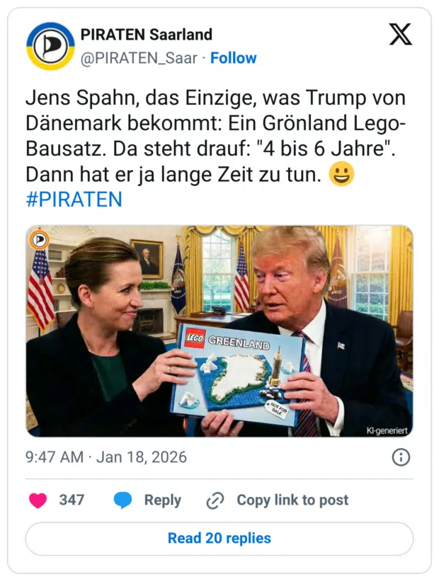Jens Spahn, das Einzige, was Trump von Dänemark bekommt: Ein Grönland Lego- Bausatz. Da steht drauf: "4 bis 6 Jahre". Dann hat er ja lange Zeit zu tun.