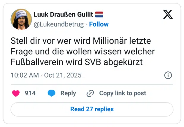 Stell dir vor wer wird Millionär letzte Frage und die wollen wissen welcher Fußballverein wird SVB abgekürzt