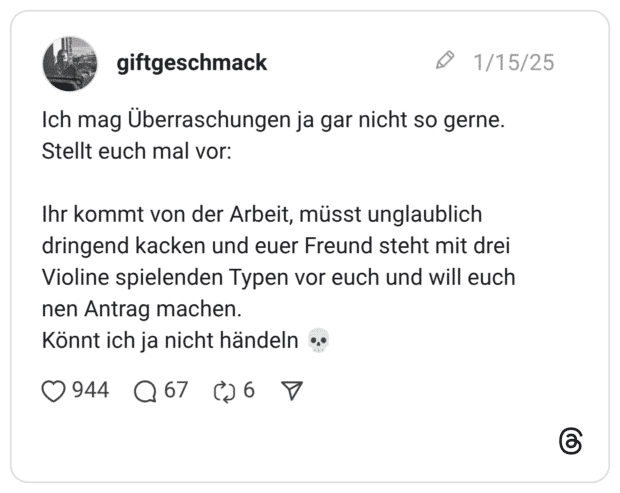 Ich mag Überraschungen ja gar nicht so gerne. Stellt euch mal vor: Ihr kommt von der Arbeit, müsst unglaublich dringend kacken und euer Freund steht mit drei Violine spielenden Typen vor euch und will euch nen Antrag machen. Könnt ich ja nicht händeln 💀