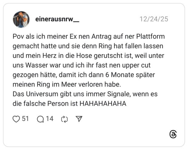 Pov als ich meiner Ex nen Antrag auf ner Plattform gemacht hatte und sie denn Ring hat fallen lassen und mein Herz in die Hose gerutscht ist, weil unter uns Wasser war und ich ihr fast nen upper cut gezogen hätte, damit ich dann 6 Monate später meinen Ring im Meer verloren habe. Das Universum gibt uns immer Signale, wenn es die falsche Person ist HAHAHAHAHA