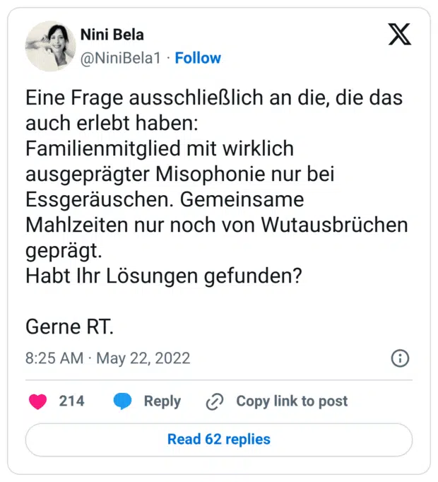 Eine Frage ausschließlich an die, die das auch erlebt haben: Familienmitglied mit wirklich ausgeprägter Misophonie nur bei Essgeräuschen. Gemeinsame Mahlzeiten nur noch von Wutausbrüchen geprägt. Habt Ihr Lösungen gefunden? Gerne RT.