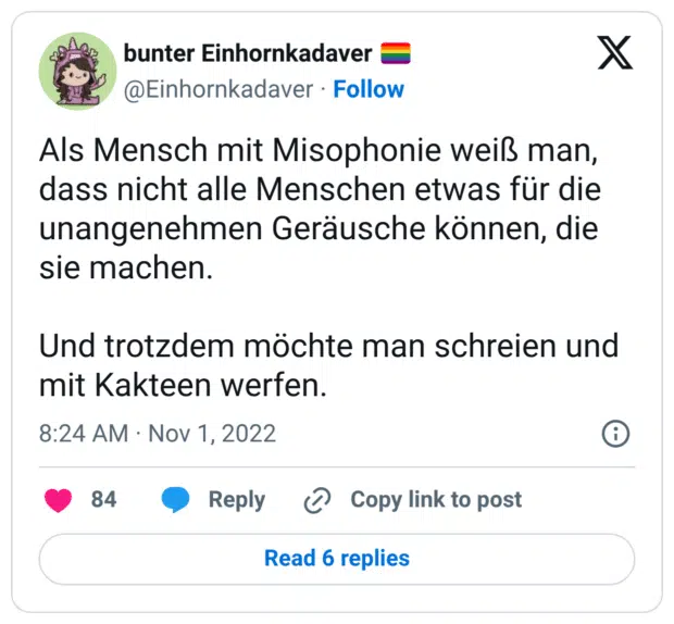 Als Mensch mit Misophonie weiß man, dass nicht alle Menschen etwas für die unangenehmen Geräusche können, die sie machen. Und trotzdem möchte man schreien und mit Kakteen werfen.