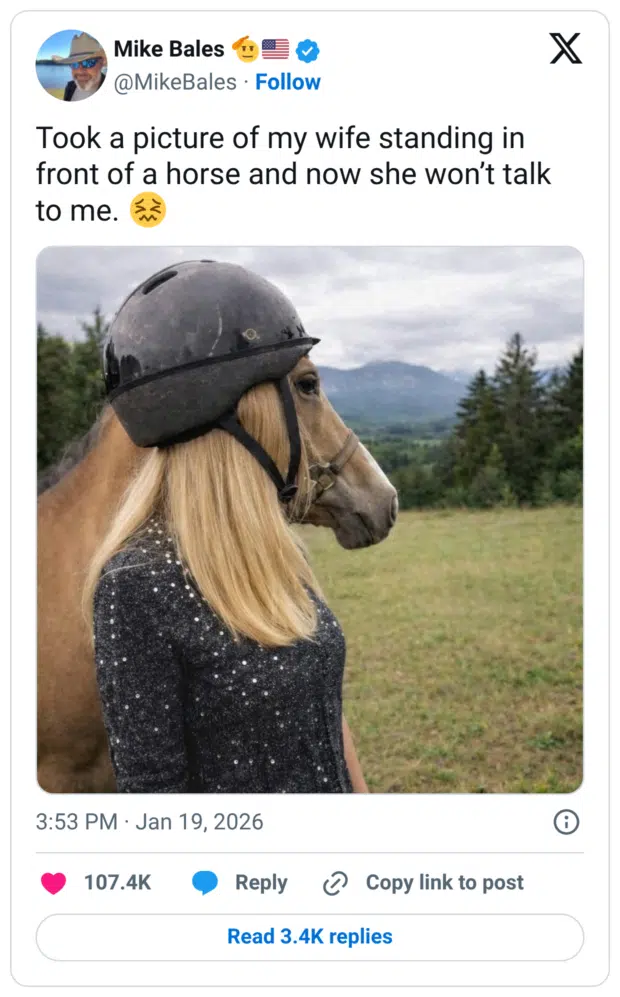 Took a picture of my wife standing in front of a horse and now she won't talk to me