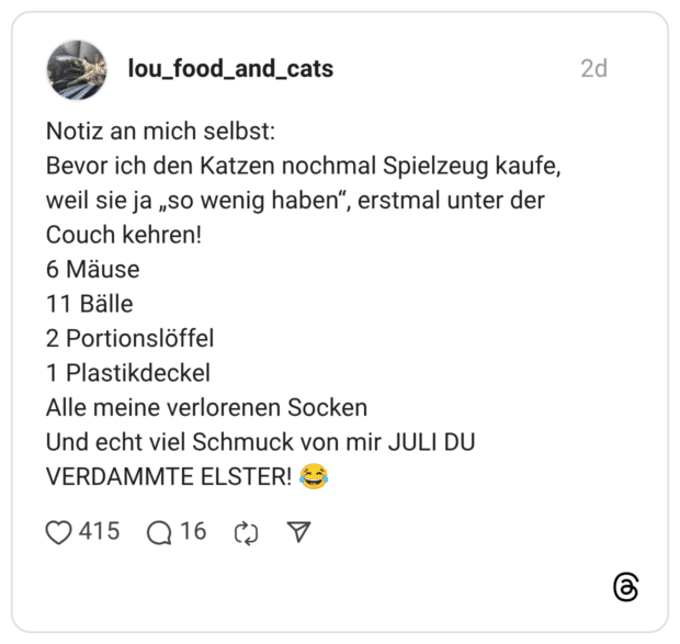 Notiz an mich selbst: Bevor ich den Katzen nochmal Spielzeug kaufe, weil sie ja „so wenig haben“, erstmal unter der Couch kehren! 6 Mäuse 11 Bälle 2 Portionslöffel 1 Plastikdeckel Alle meine verlorenen Socken Und echt viel Schmuck von mir JULI DU VERDAMMTE ELSTER! 😂