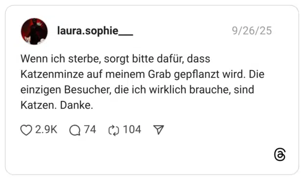 Wenn ich sterbe, sorgt bitte dafür, dass Katzenminze auf meinem Grab gepflanzt wird. Die einzigen Besucher, die ich wirklich brauche, sind Katzen. Danke.