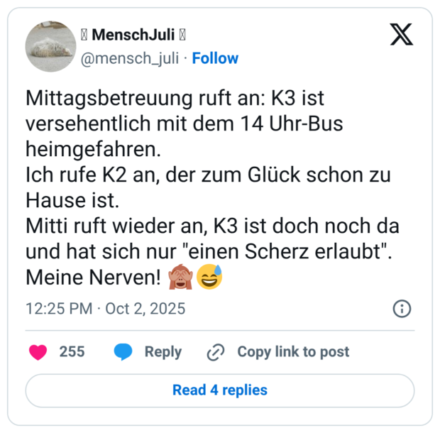 Mittagsbetreuung ruft an: K3 ist versehentlich mit dem 14 Uhr-Bus heimgefahren. Ich rufe K2 an, der zum Glück schon zu Hause ist. Mitti ruft wieder an, K3 ist doch noch da und hat sich nur "einen Scherz erlaubt". Meine Nerven! 🙈😅