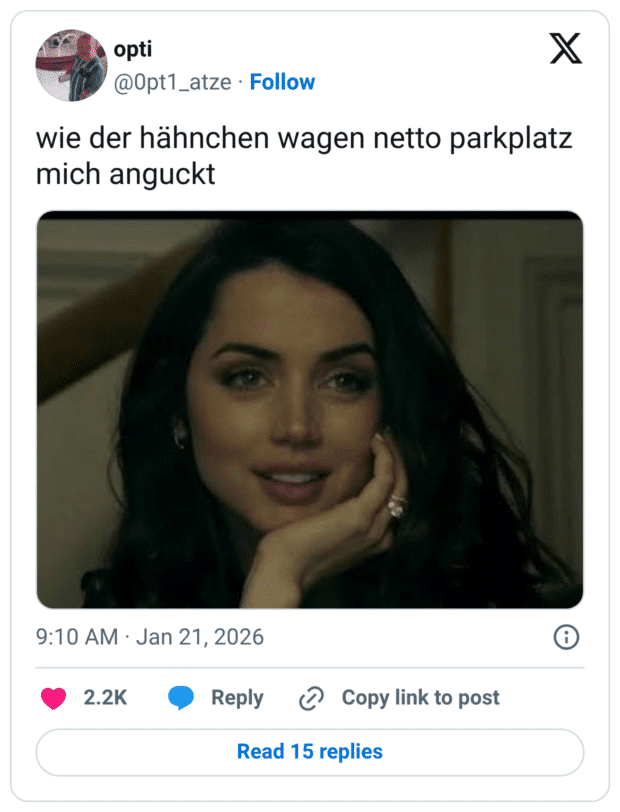 wie der hähnchen wagen netto parkplatz mich anguckt