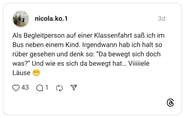 Als Begleitperson auf einer Klassenfahrt saß ich im Bus neben einem Kind. Irgendwann hab ich halt so rüber gesehen und denk so: "Da bewegt sich doch was?" Und wie es sich da bewegt hat... Viiiiiele Läuse
