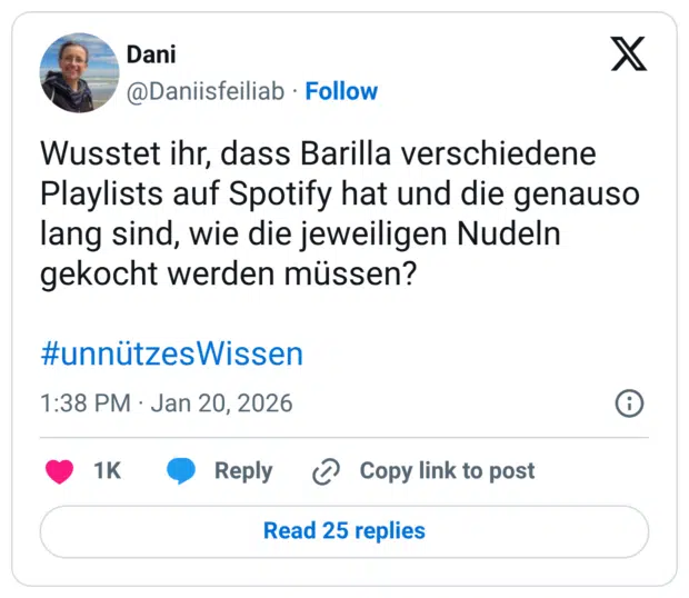 Wusstet ihr, dass Barilla verschiedene Playlists auf Spotify hat und die genauso lang sind, wie die jeweiligen Nudeln gekocht werden müssen?