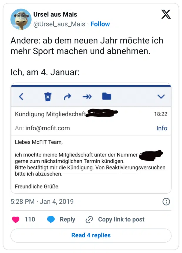 Andere: ab dem neuen Jahr möchte ich mehr Sport machen und abnehmen. Ich, am 4. Januar: