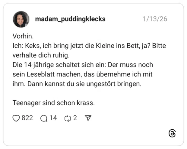 Vorhin. Ich: Keks, ich bring jetzt die Kleine ins Bett, ja? Bitte verhalte dich ruhig. Die 14-jährige schaltet sich ein: Der muss noch sein Leseblatt machen, das übernehme ich mit ihm. Dann kannst du sie ungestört bringen. Teenager sind schon krass.