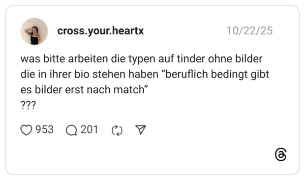 was bitte arbeiten die typen auf tinder ohne bilder die in ihrer bio stehen haben “beruflich bedingt gibt es bilder erst nach match” ???