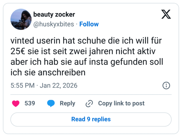 vinted userin hat schuhe die ich will für 25€ sie ist seit zwei jahren nicht aktiv aber ich hab sie auf insta gefunden soll ich sie anschreiben