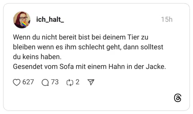 Wenn du nicht bereit bist bei deinem Tier zu bleiben wenn es ihm schlecht geht, dann solltest du keins haben. Gesendet vom Sofa mit einem Hahn in der Jacke.