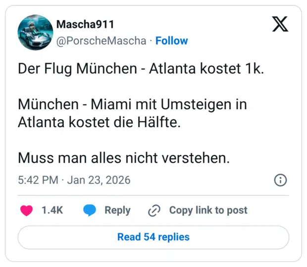Der Flug München - Atlanta kostet 1k. München - Miami mit Umsteigen in Atlanta kostet die Hälfte. Muss man alles nicht verstehen.