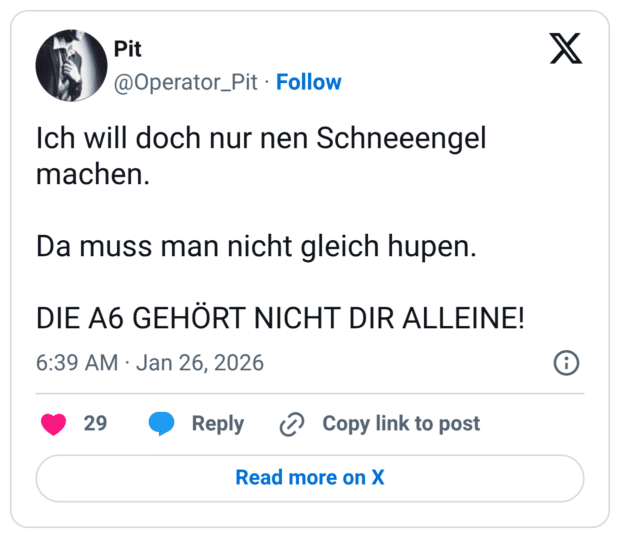 Ich will doch nur nen Schneeengel machen. Da muss man nicht gleich hupen. DIE A6 GEHÖRT NICHT DIR ALLEINE!