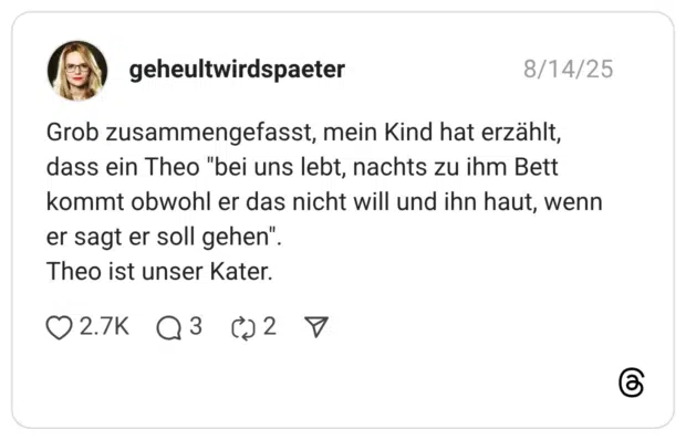 Grob zusammengefasst, mein Kind hat erzählt, dass ein Theo "bei uns lebt, nachts zu ihm Bett kommt obwohl er das nicht will und ihn haut, wenn er sagt er soll gehen". Theo ist unser Kater.
