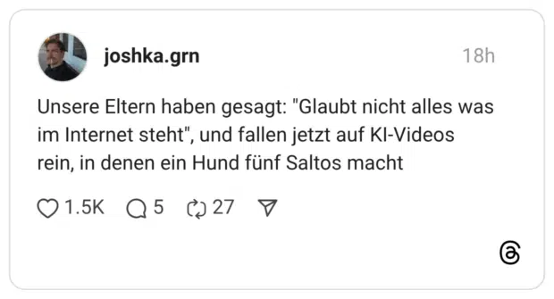 Unsere Eltern haben gesagt: "Glaubt nicht alles was im Internet steht", und fallen jetzt auf KI-Videos rein, in denen ein Hund fünf Saltos macht