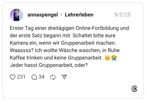 Erster Tag einer dreitägigen Online-Fortbildung und der erste Satz begann mit: Schaltet bitte eure Kamera ein, wenn wir Gruppenarbeit machen. Waassss? Ich wollte Wäsche waschen, in Ruhe Kaffee trinken und keine Gruppenarbeit. 👑😭 Jeder hasst Gruppenarbeit, oder?