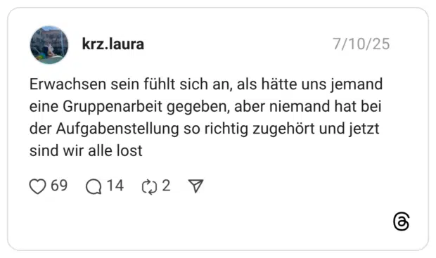 Erwachsen sein fühlt sich an, als hätte uns jemand eine Gruppenarbeit gegeben, aber niemand hat bei der Aufgabenstellung so richtig zugehört und jetzt sind wir alle lost