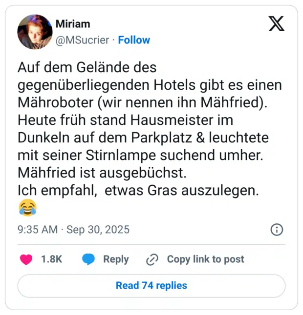 Auf dem Gelände des gegenüberliegenden Hotels gibt es einen Mähroboter (wir nennen ihn Mähfried). Heute früh stand Hausmeister im Dunkeln auf dem Parkplatz & leuchtete mit seiner Stirnlampe suchend umher. Mähfried ist ausgebüchst. Ich empfahl, etwas Gras auszulegen. 😂