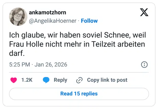 ch glaube, wir haben soviel Schnee, weil Frau Holle nicht mehr in Teilzeit arbeiten darf
