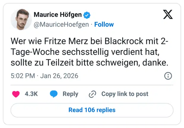 Wer wie Fritze Merz bei Blackrock mit 2- Tage-Woche sechsstellig verdient hat, sollte zu Teilzeit bitte schweigen, danke