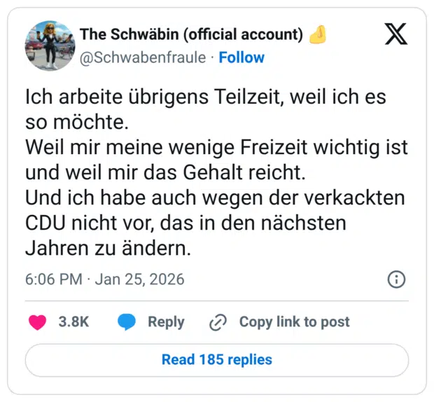 Ich arbeite übrigens Teilzeit, weil ich es so möchte. Weil mir meine wenige Freizeit wichtig ist und weil mir das Gehalt reicht. Und ich habe auch wegen der verkackten CDU nicht vor, das in den nächsten Jahren zu ändern.