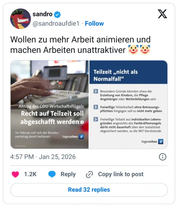 Teilzeit „nicht als Normalfall" Besondere Gründe könnten etwa die Erziehung von Kindern, die Pflege Angehöriger oder Weiterbildungen sein Freiwillige Teilzeitarbeit ohne Betreuungs- pflichten hingegen soll es nicht mehr geben Freiwillige Teilzeit aus individuellen Lebens- gründen angesichts des Fachkräftemangels dürfe nicht dauerhaft über den Sozialstaat abgesichert werden, so die MIT-Vorsitzende Antrag des CDU-Wirtschaftsflügels Recht auf Teilzeit soll abgeschafft werden o Im Februar soll sich der Bundes- parteitag damit befassen