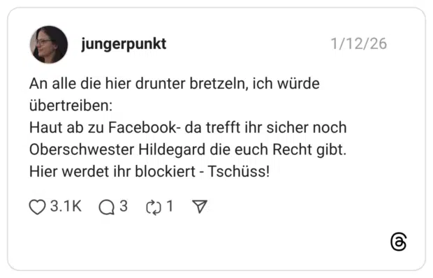 An alle die hier drunter bretzeln, ich würde übertreiben: Haut ab zu Facebook- da trefft ihr sicher noch Oberschwester Hildegard die euch Recht gibt. Hier werdet ihr blockiert - Tschüss!