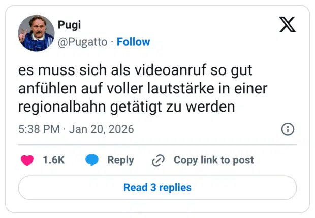 es muss sich als videoanruf so gut anfühlen auf voller lautstärke in einer regionalbahn getätigt zu werden