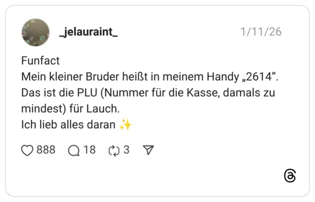 Funfact Mein kleiner Bruder heißt in meinem Handy „2614". Das ist die PLU (Nummer für die Kasse, damals zu mindest) für Lauch. Ich lieb alles daran