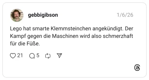 Lego hat smarte Klemmsteinchen angekündigt. Der Kampf gegen die Maschinen wird also schmerzhaft für die Füße.