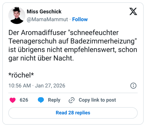 Der Aromadiffuser "schneefeuchter Teenagerschuh auf Badezimmerheizung" ist übrigens nicht empfehlenswert, schon gar nicht über Nacht. *röchel*