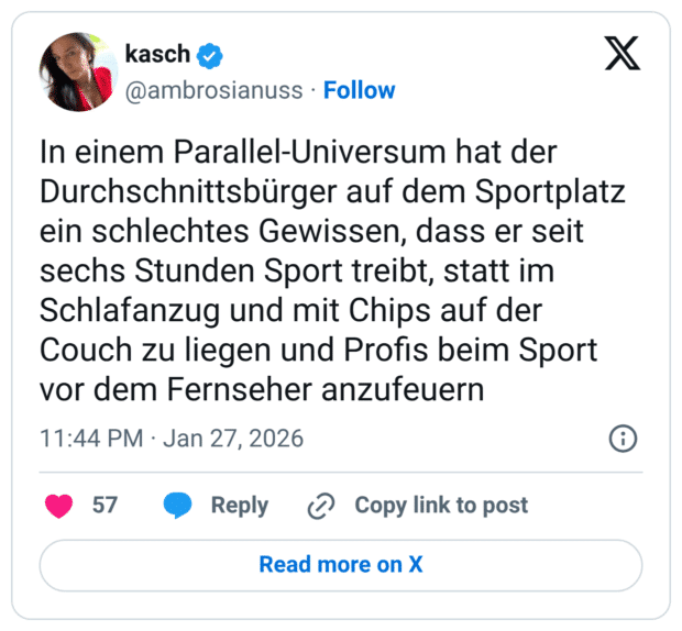 In einem Parallel-Universum hat der Durchschnittsbürger auf dem Sportplatz ein schlechtes Gewissen, dass er seit sechs Stunden Sport treibt, statt im Schlafanzug und mit Chips auf der Couch zu liegen und Profis beim Sport vor dem Fernseher anzufeuern