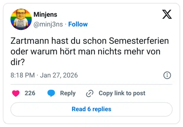 JUDE? MENSCH Zartmann hast du schon Semesterferien oder warum hört man nichts mehr von dir?