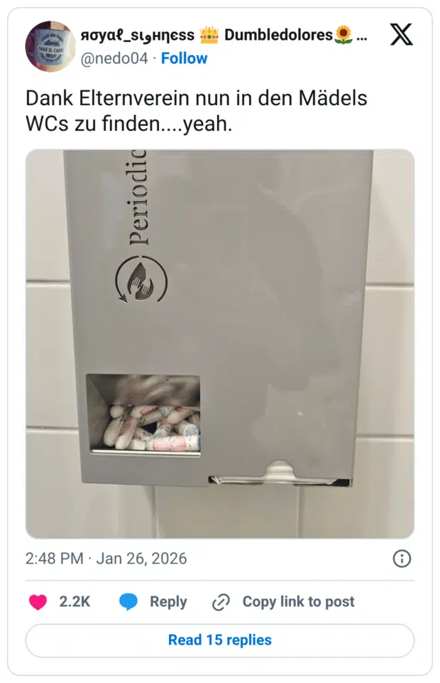 Dank Elternverein nun in den Mädels WCs zu finden....yeah. Periodic