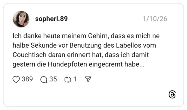 Ich danke heute meinem Gehirn, dass es mich ne halbe Sekunde vor Benutzung des Labellos vom Couchtisch daran erinnert hat, dass ich damit gestern die Hundepfoten eingecremt habe...