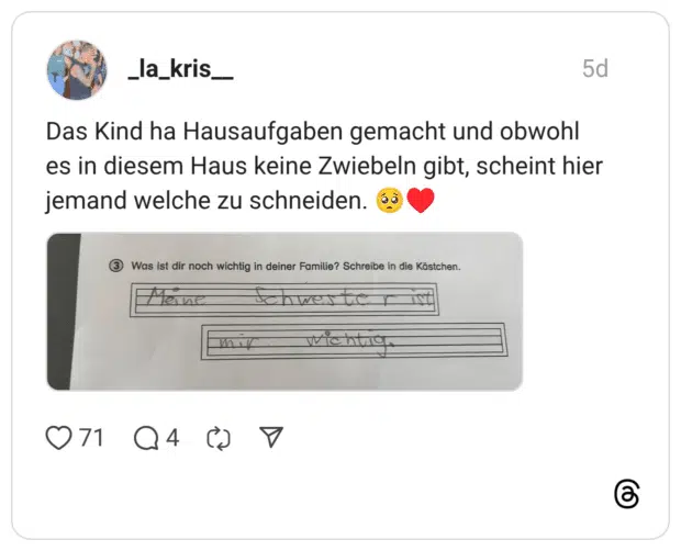 Das Kind ha Hausaufgaben gemacht und obwohl es in diesem Haus keine Zwiebeln gibt, scheint hier jemand welche zu schneiden. 🥺♥️