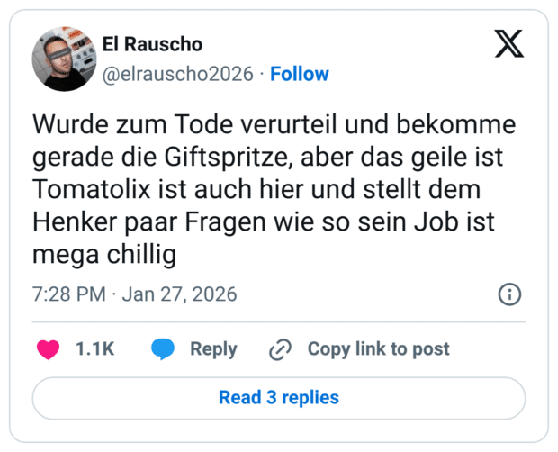 Wurde zum Tode verurteil und bekomme gerade die Giftspritze, aber das geile ist Tomatolix ist auch hier und stellt dem Henker paar Fragen wie so sein Job ist mega chillig