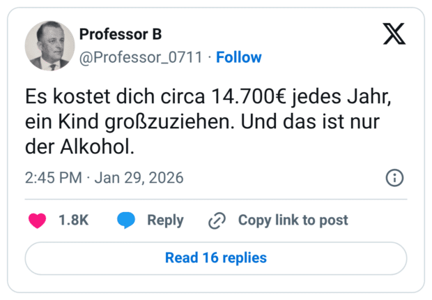Es kostet dich circa 14.700€ jedes Jahr, ein Kind großzuziehen. Und das ist nur der Alkohol.