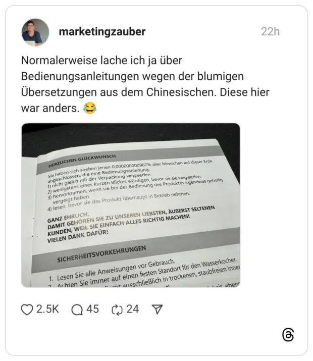 Normalerweise lache ich ja über Bedienungsanleitungen wegen der blumigen Übersetzungen aus dem Chinesischen. Diese hier war anders. 😂